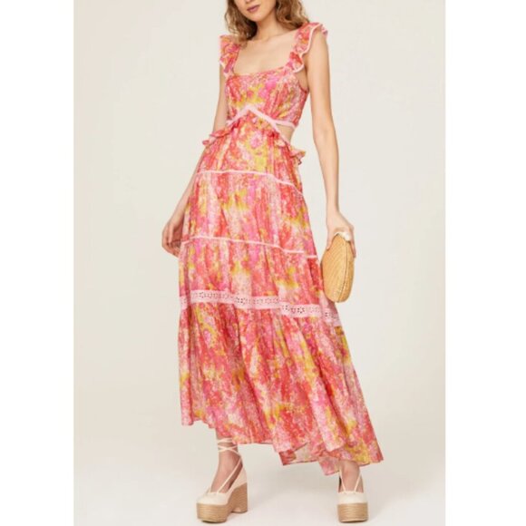 LoveShackFancy Dress Womens Size XL Pink Madsen Maxi Watercolor Print Cut-Out - Picture 1 of 12